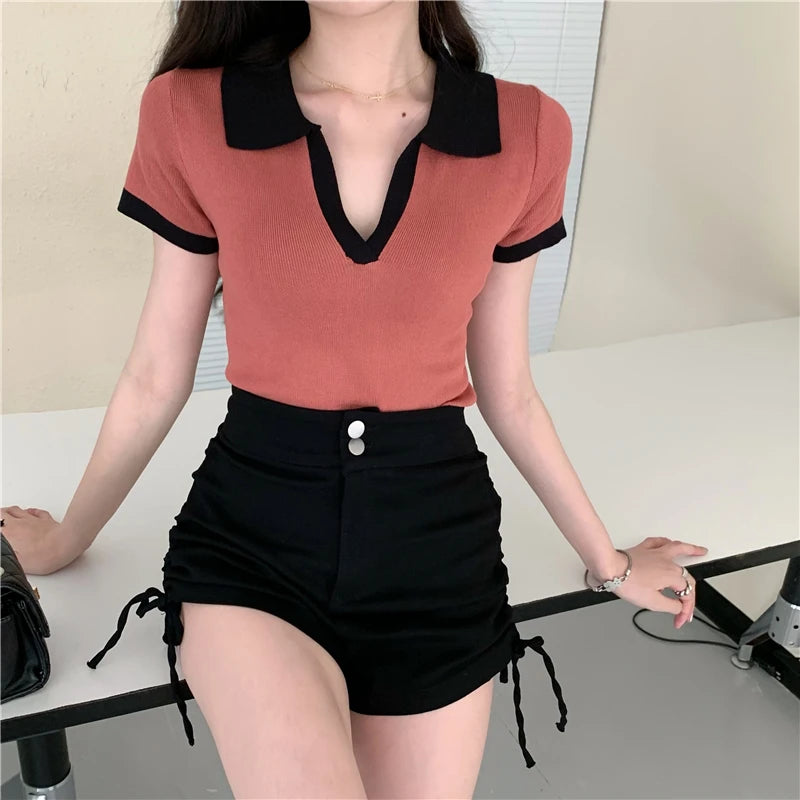 Jielur Spell Color Polo Knitting Women's Blouses Slim Sexy Short Sleeve Summer New Casual Female Blouse Chic Simple Office Lady.