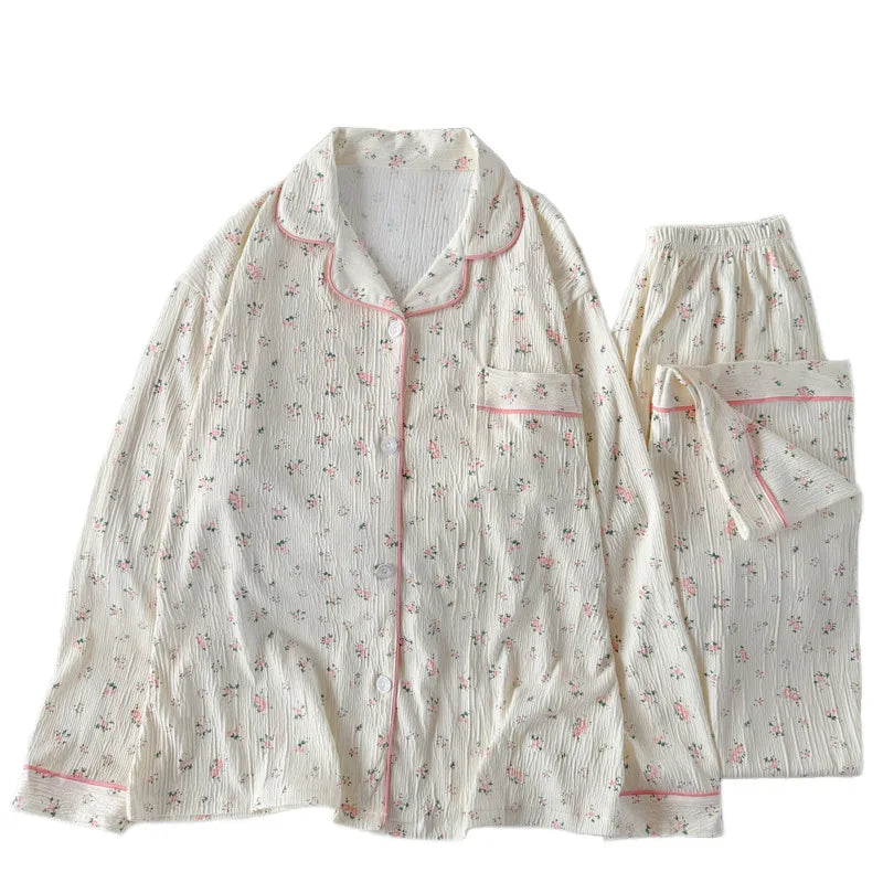 Sweet Little Floral Pajamas Women's Spring and Autumn Long Sleeves New High-Value Niche Pajamas Loungewear Wrinkle Cloth Set.