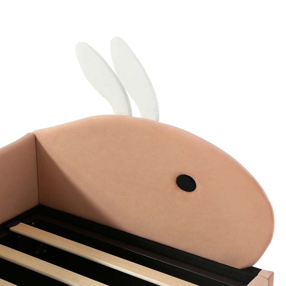 Polsterbett, Einzelbett, Babybett, niedlicher Hasenkopf, hydraulisches Bett mit Stauraum, erhöhter weicher Zaun, Samt, rosa + weiß, 90 x 200 cm