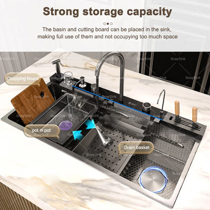 100x50cm Waterfall Kitchen Sink Stainless Steel Extra Large Single Bowl Digital Display Multifunctional Dishwashing Sinks