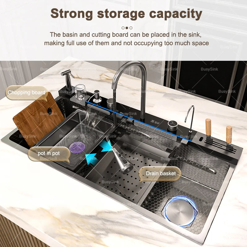 Küchenspüle aus Edelstahl mit Wasserfall, extra große Einzelschüssel, Digitalanzeige, multifunktionale Geschirrspülbecken