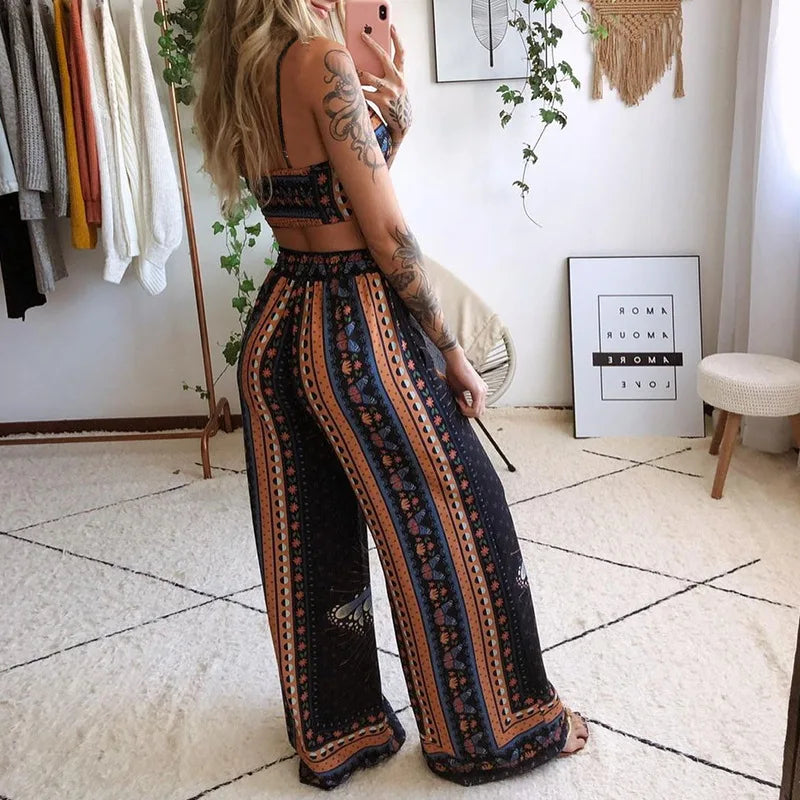 Sexy Two Piece Set Women Outfit 2025 Summer Butterfly Print V-Neck Cropped Top High Waist Drawstring Casual Wide Leg Pants Sets.