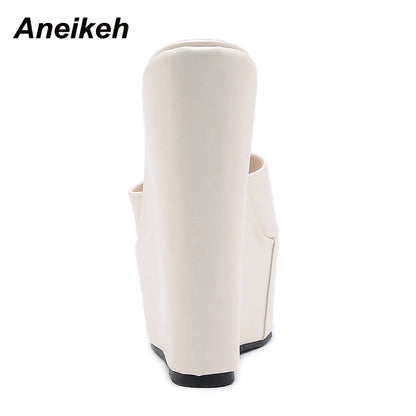Aneikeh 2025 Fashion Peep Toe Wedges Heel Outside Women Slippers Concise PU Platform Slip On Summer Beach Mules Apricot 35-42.
