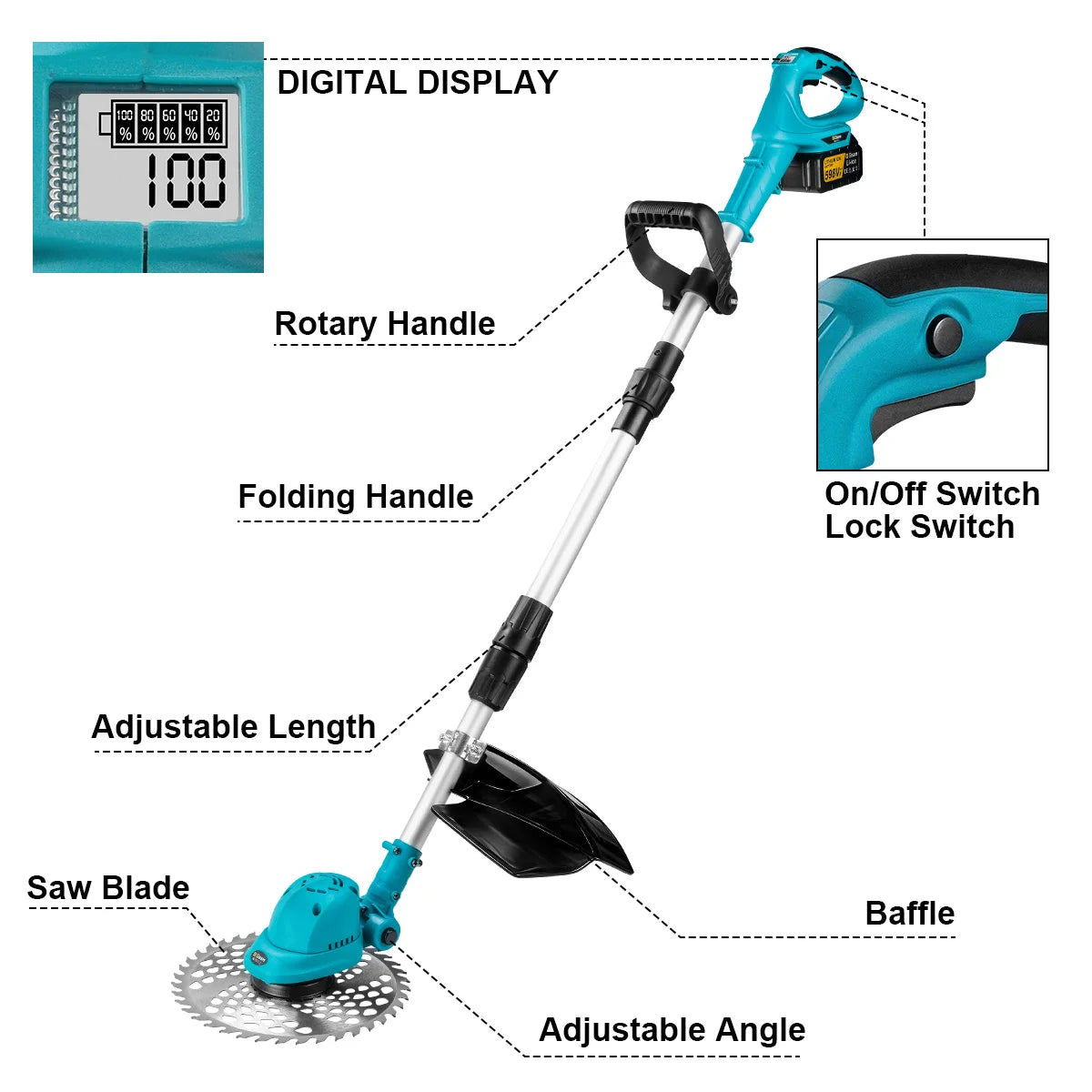 G perfil 10 Zoll bürstenloser elektrischer Rasenmäher, faltbarer Schneider, kabelloses Garten-Gras-Schneid-Trimmer-Werkzeug für Makita 18 V Akku-Pin