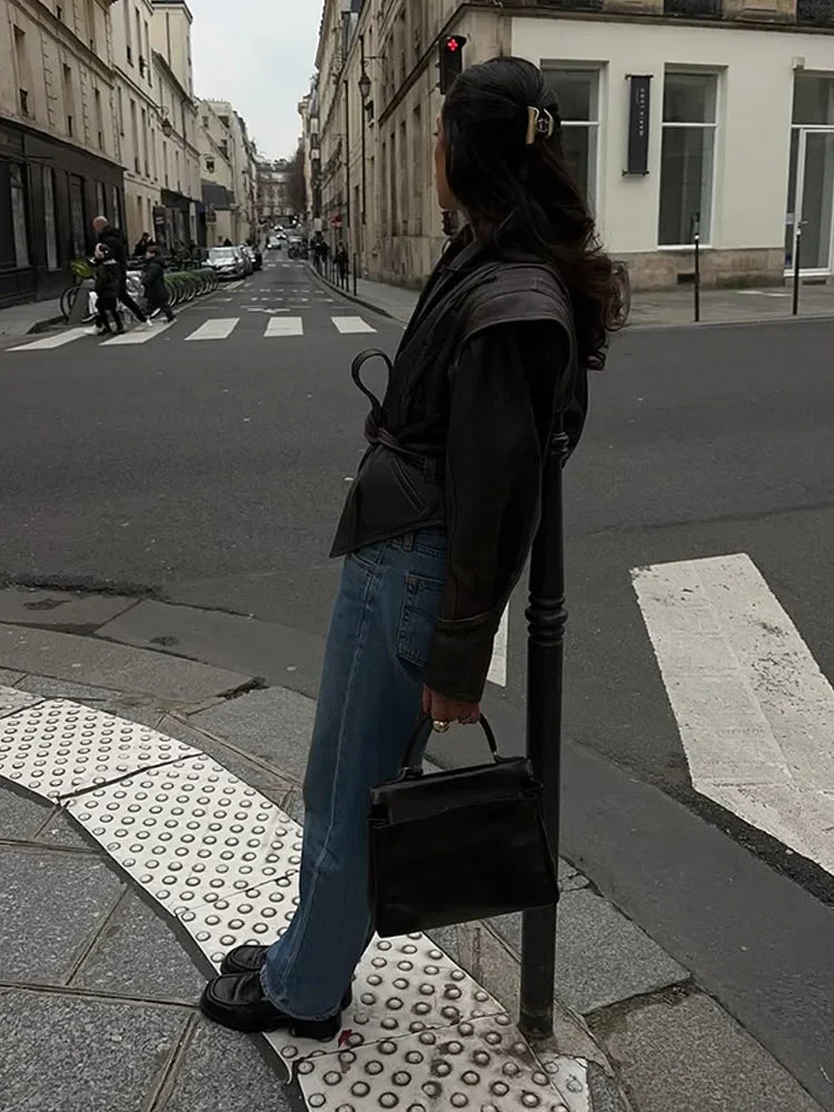 Vintage V-neck Belt Faux Leather Jackets Women Chic Full Sleeve Lace Up High Waist Lapel Overcoat Autumn Female Street Outerwear.