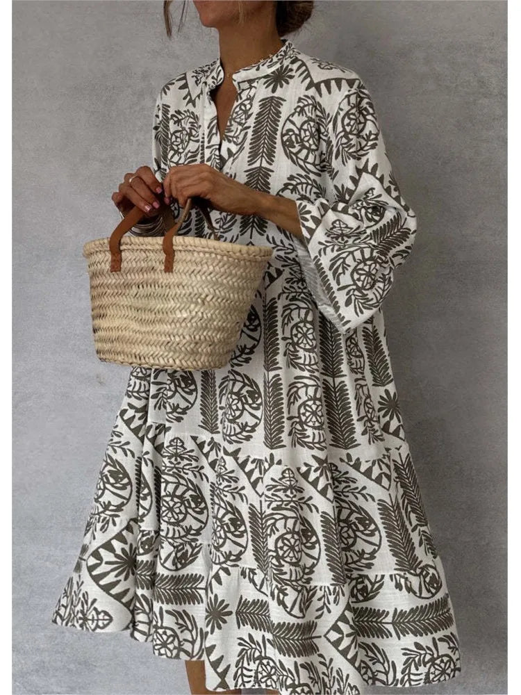 Neue Stil Casual Print Drei-viertel Hülse Hemd Kleid Für Frauen Sommer Mode V-ausschnitt Lose Urlaub Casual Kleider robe Femme.