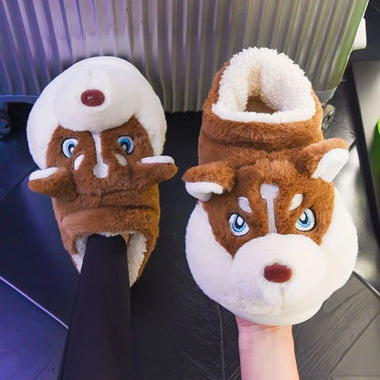 Women Indoor Cotton Slippers Cute Cartoon Dog Winter Warm Shoes Couples Home Floor Slides Anti-slip  Female Male House Footwear.