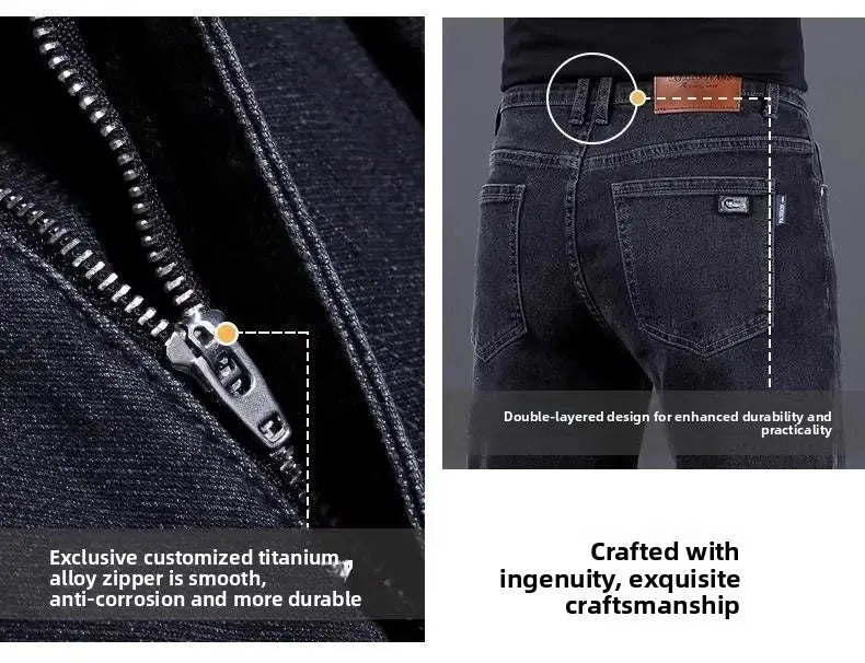 High-End Men's Fleece-Lined Thick Stretchy Straight Leg Jeans 2025 New Style Loose Fit Smoke Grey Trousers for Men.
