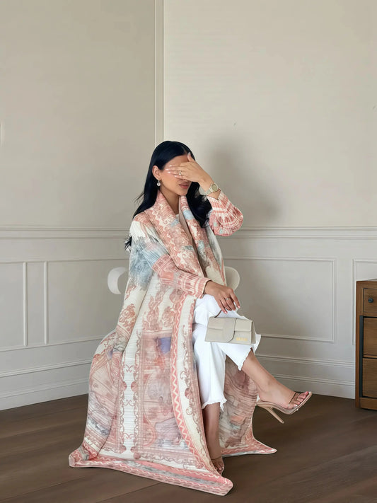 Langer Herbstmantel für Damen, Retro-bedruckt, langärmelig, muslimisches Abaya, Saudi-Mode, faltiger Taillengürtel