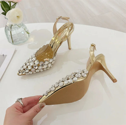 Liyke Elegant Pointed Toe Slingback Stiletto Sandals Crystal Diamonds Women Pumps High Heels Wedding Prom Shoes Zapatos Mujer.