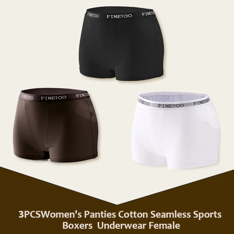 3Pcs Women's Panties Cotton Seamless Sports Boxers Underwear Female Solid Color Briefs Lingerie Intimate Underpant Finetoo S-XXL