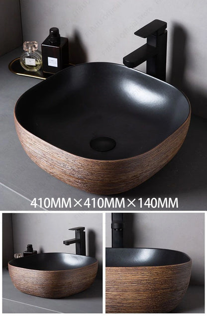 Braunes Porzellan-Keramik-Waschbecken über der Theke, Waschtisch, Schüsselbecken, Badezimmer, Sanitär, Balkon, Tisch, Waschbecken, Arbeitsplatte, ovales Waschbecken