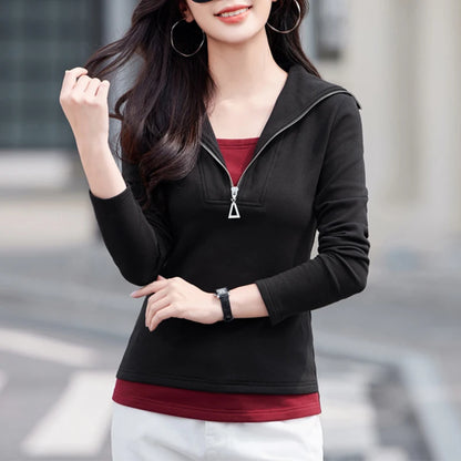 Fake two long sleeved T-shirts for women in autumn and winter, new fashionable plus size color blocked warm zipper lapel top