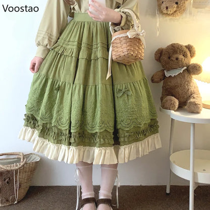Mori Girl Style Lolita Midi Skirt Women Vintage Embroidery Lace Floral Bow Ruffles Long Skirts Female Prairie Chic Party Skirt.