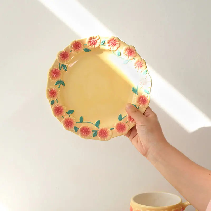 Flower Plate Embossed Small Flower Breakfast Dessert Plate Household Ceramic Plate Under Glaze Colored Hand-painted Tableware.