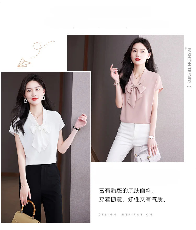 Bow Tie Blouse Shirt for Women OL Elegant Blouses Satin Womens Tops Silk Female Clothing 2023 Korean Fashion Short Sleeve Blouse.