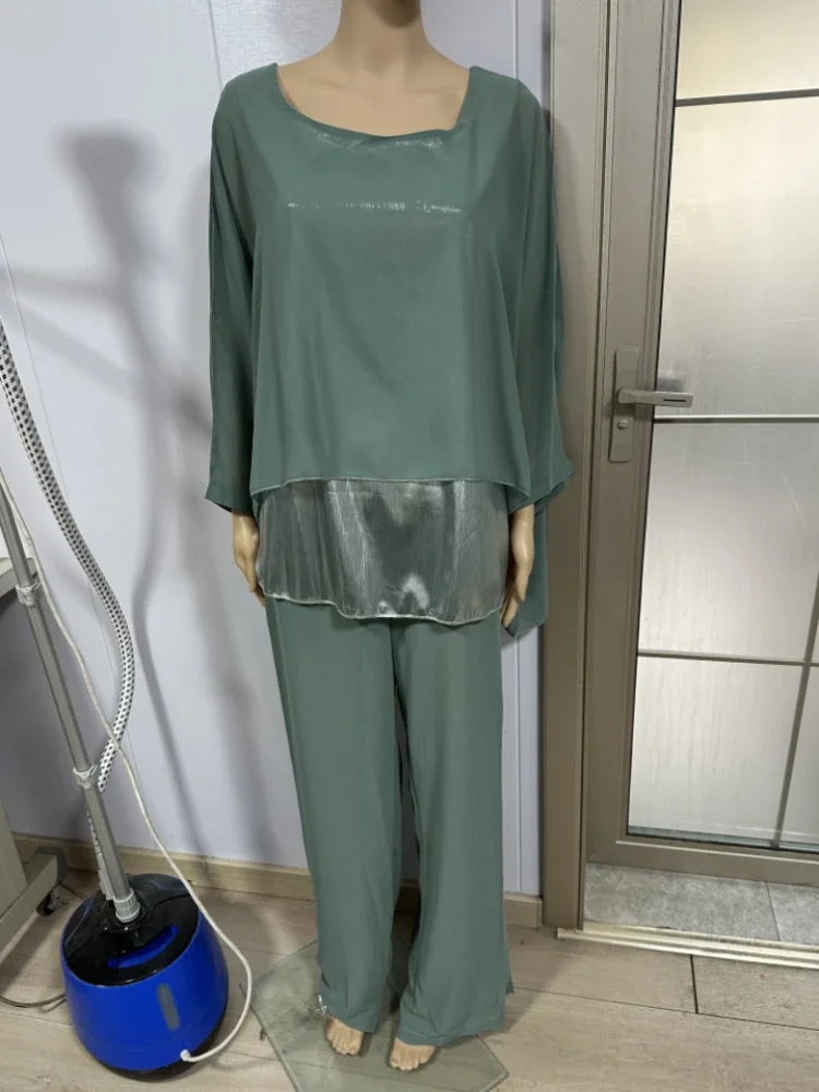 Fashion 2 Piece Set Party Outfits New Spring Summer Elegant Women's Suit Casual Bat Wing Sleeve Blouse Top with Wide Leg Pants.