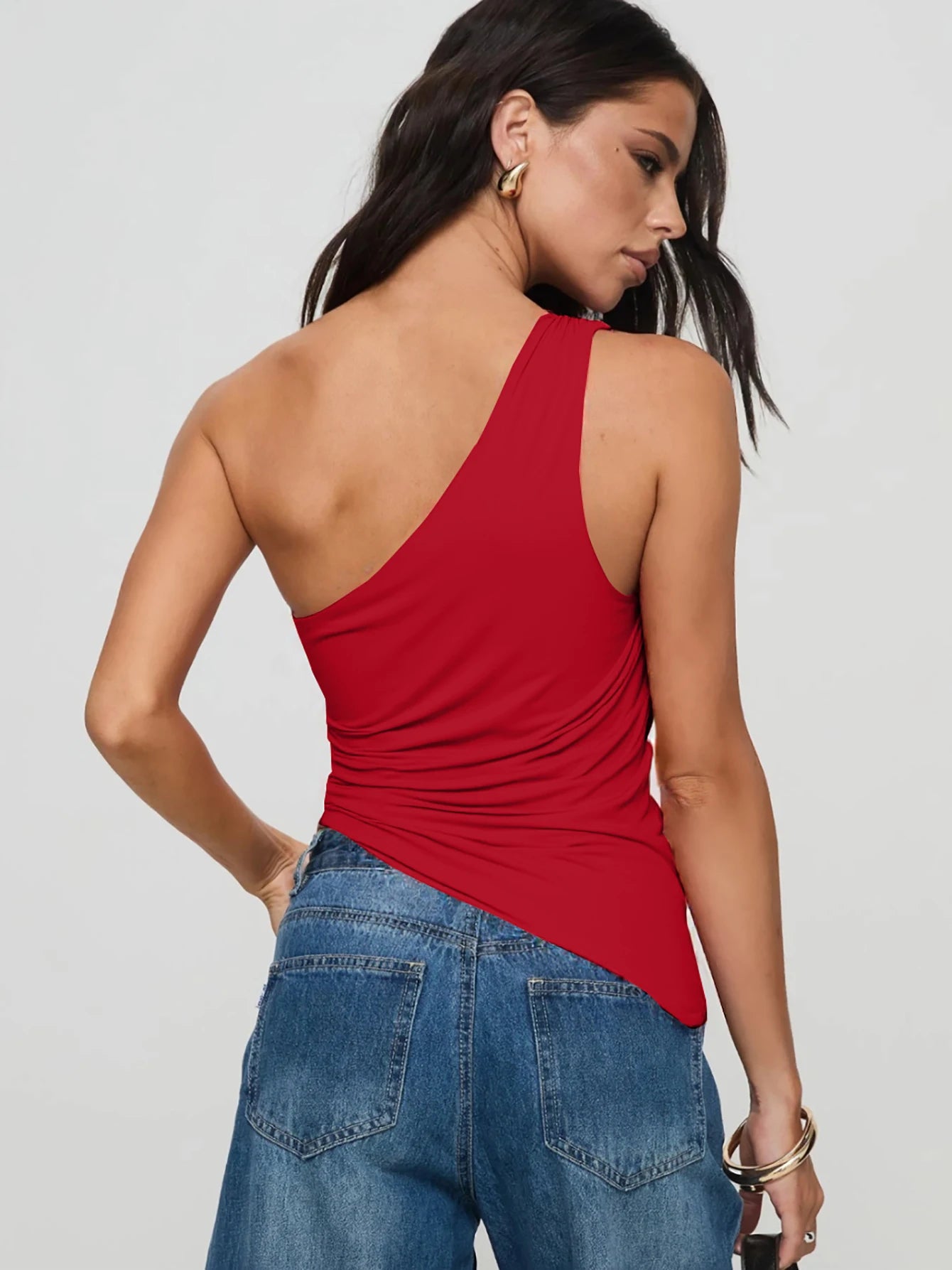 Dulzura One Shoulder Sleeveless Backless Bodycon Irregular Metal Button Tank Top Solid Sexy Casual Y2K Tops Party Street Outfit.