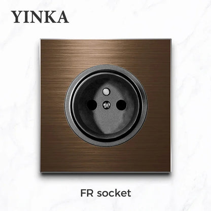 YINKA Schaltersteckdose, Aluminium, gebürstetes braunes Panel mit LED-Anzeige, EU-Steckdose, Schalttafel, elektrischer Lichtschalter, AC110–250 V, NET