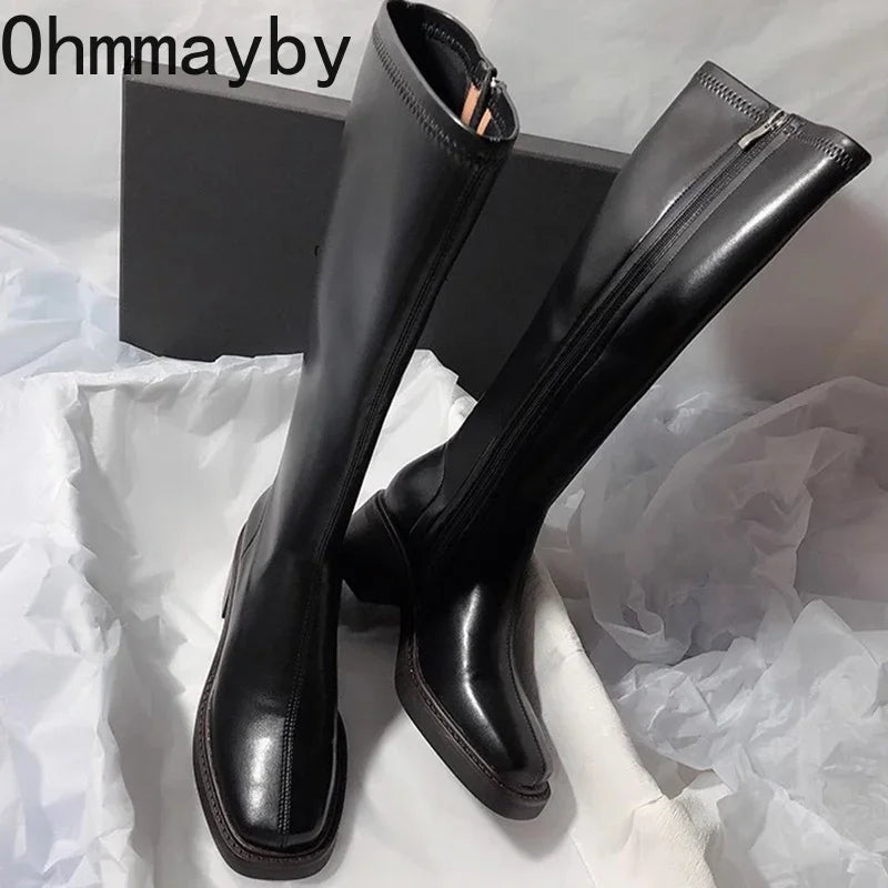 Vintage Thick Heel Women Knee High Boots Fashion Side Zippers Shoes Autumn Winter Ladies Concise Long Botas De Mujer.
