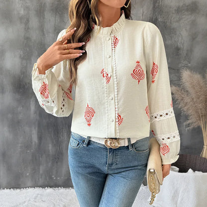 Women's Printed Casual Trendy Stand Collar Single-breasted Loose Shirts European New Fashion Female Ethnic Clothes Tops Cardigan.
