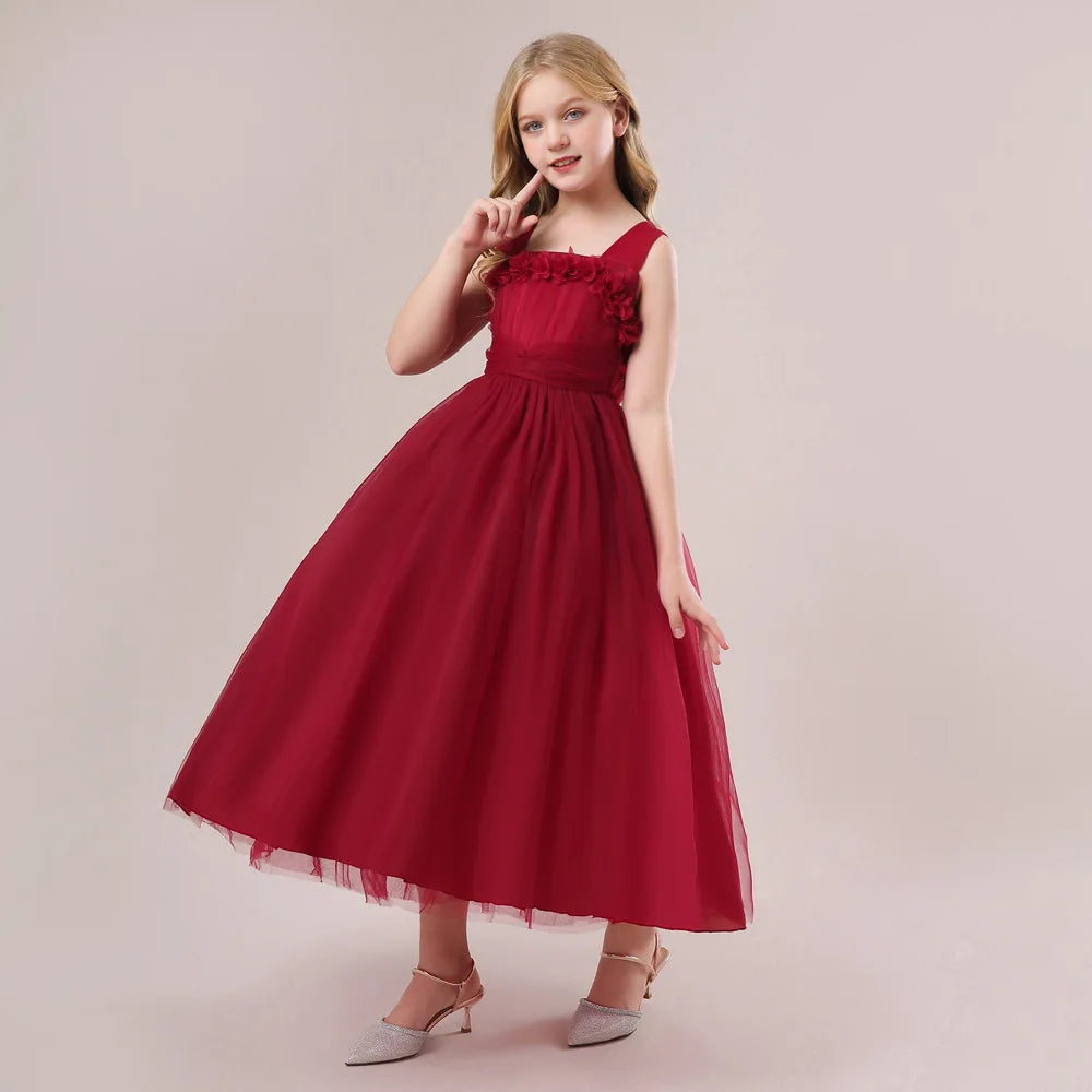 Mädchen Partykleider Weiß Langes Hochzeit Brautjungfer Prinzessin Kleid Abend Tüllkleid Abschlussball Klavier Performance Kleid.