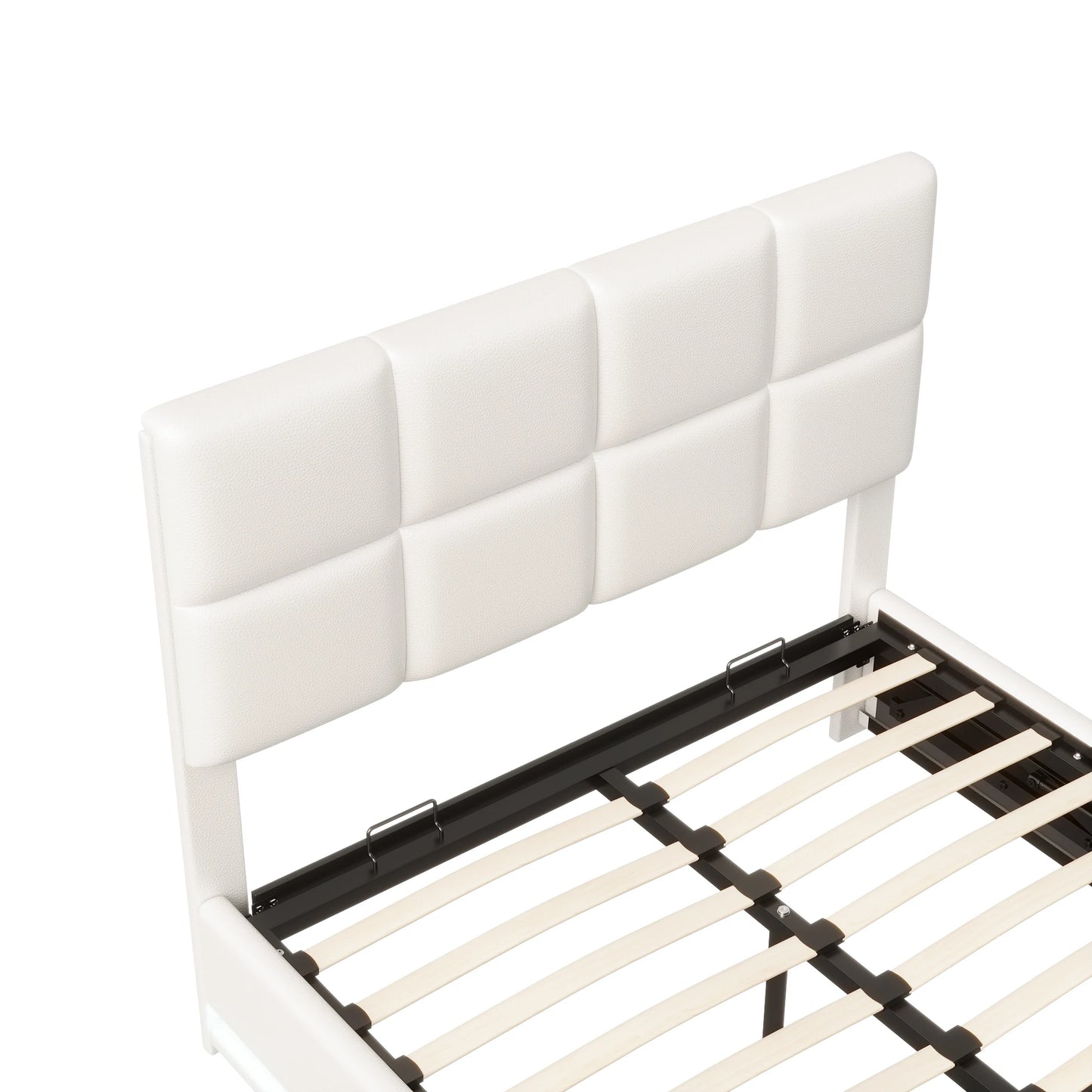 Comanlai Polsterbett 140 x 200 cm mit LED-Leuchten, hydraulisches Bett mit Stauraum, Doppelbett mit Lattenrost, Kunstleder, weiß