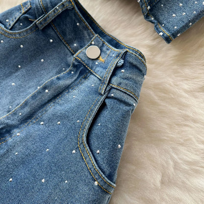 Denim Pant Set Women Two Piece Sets Sexy Matching Sets Sleeveless Short Tops Long Flare Pants High Waist Slim Hot Diamond.