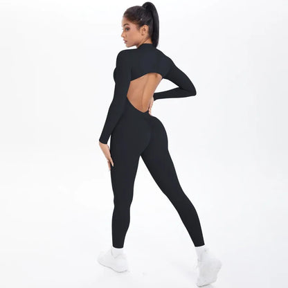 Women's Long Yoga Bodysuit with Half-Zip Sexy Back & Butt Lift for Fitness Running Outdoor Sportswear
