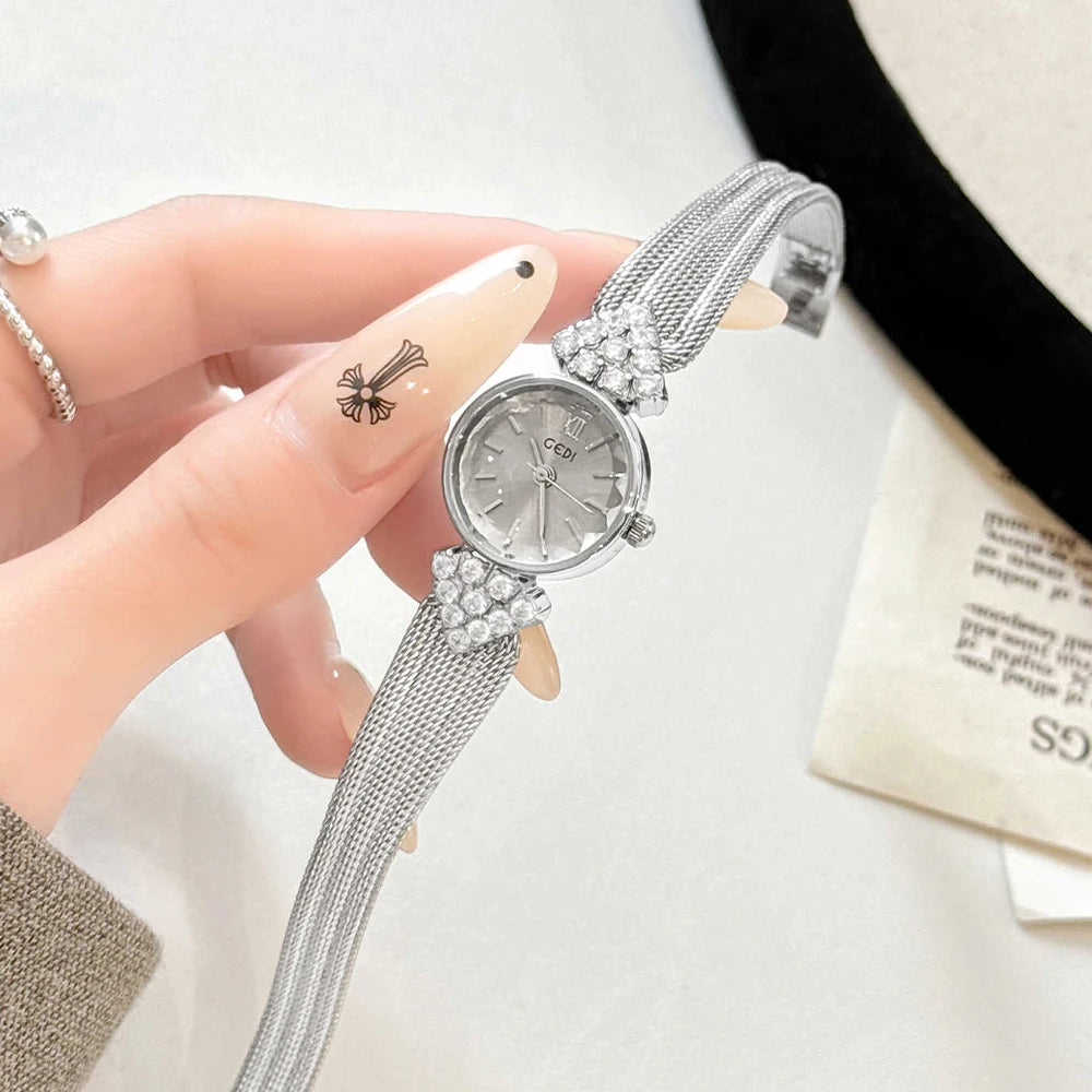 GEDI Watch Gold Silver Diamond Inlaid Steel Strip Women's Wristwatch Vintage Niche Light Luxury Temperament Quartz Watch Woman.