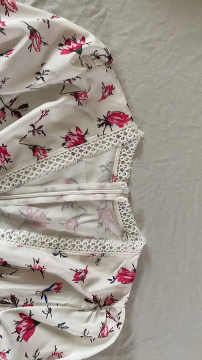 Frühling Herbst frauen Neue Kleid Temperament Süße Druck V-ausschnitt Laterne Hülse Spitze Hohe Taille Kurzes Kleid