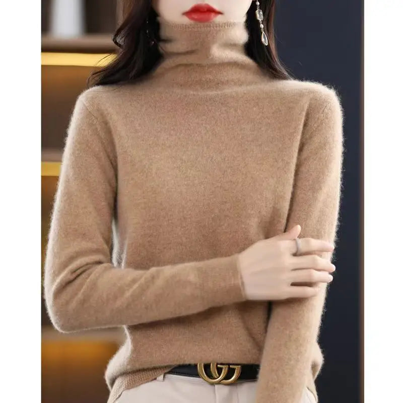 2025 100% Merino Wool Sweater Elegant Cashmere Pullover Women Pile Collar Long Sleeve Knitwear Basic Clothing  Jumper Tops.