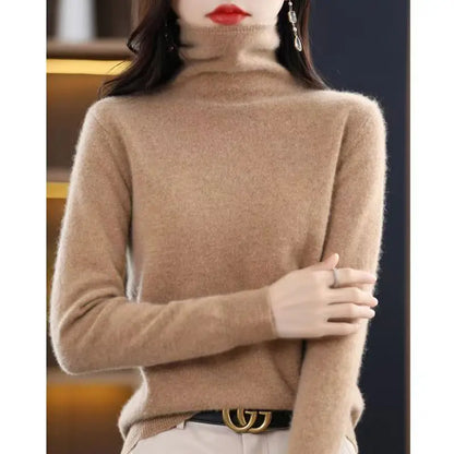 2025 100% Merino Wool Sweater Elegant Cashmere Pullover Women Pile Collar Long Sleeve Knitwear Basic Clothing  Jumper Tops.