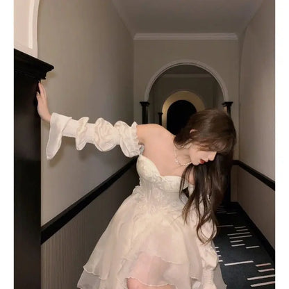 Elegante Rüschen Chic Fee Kleid Frauen Weiß Süße Koreanische Stil Prinzessin Kleid Weibliche 2023 Sommer Slash Neck Casual Party Kleid.