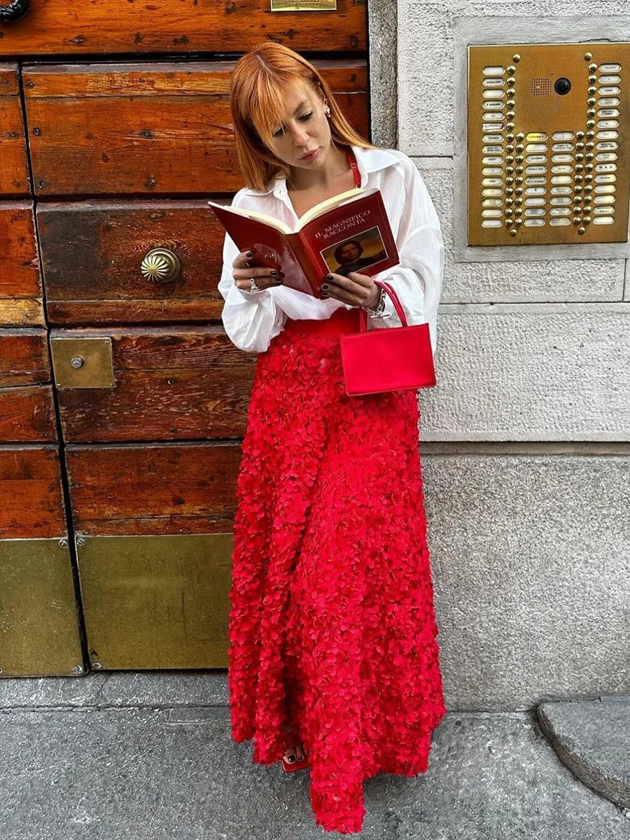 Bornladies Winter Red Fashion Long Petal Skirt Women's Design Inspired Evening Gown Elegant Lady Unique High Waisted Skirt