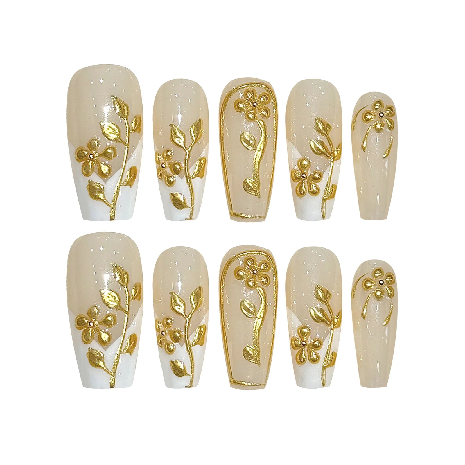 10pcs Handmade Autumn Press On Nails Mid-length Ladder Gold Foil Flower Tips Fake Nail White French Style False Nail For Women.