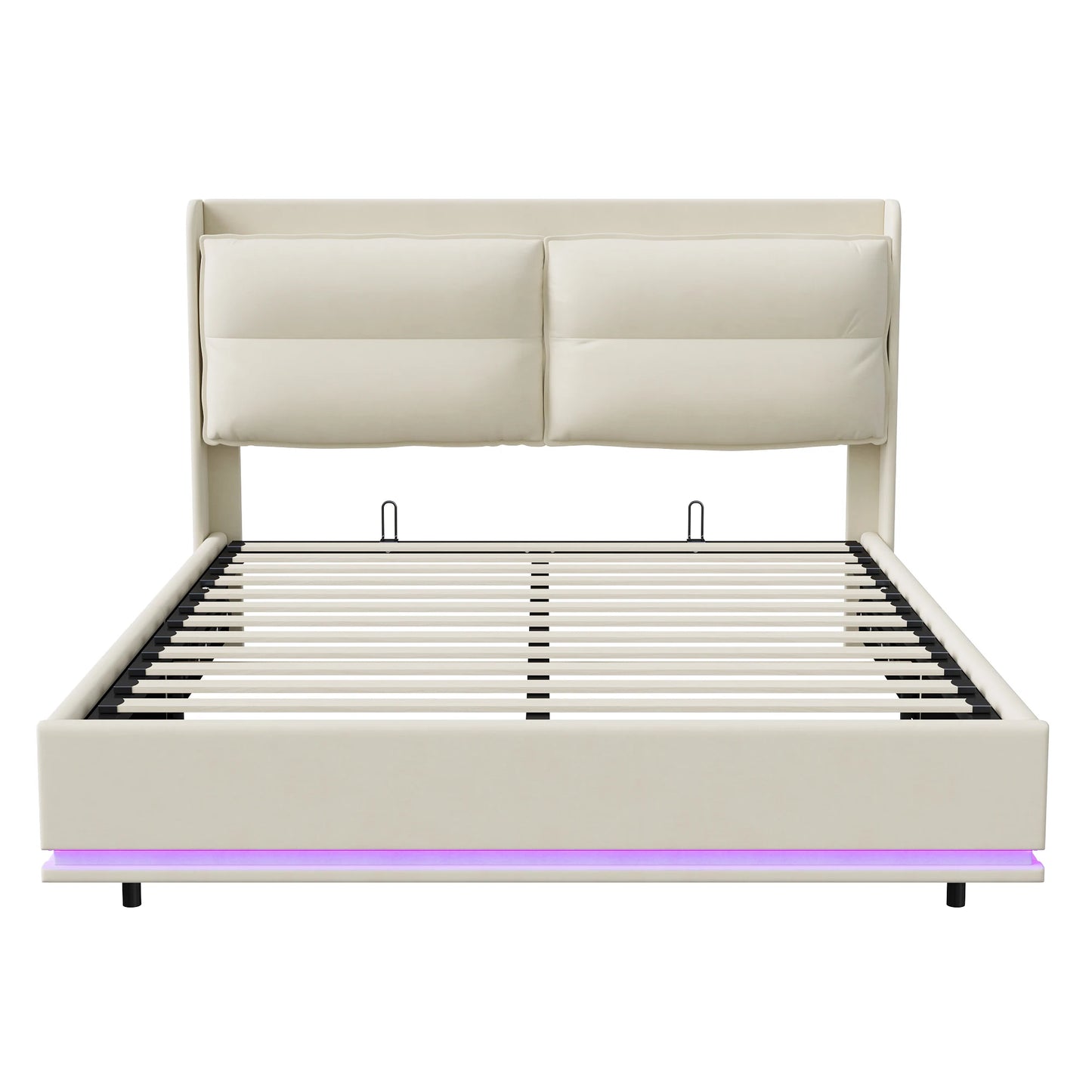Creahappy – Weich gepolstertes Bett – Doppelbett – mit LED-Leuchten und USB-Ladefunktion – Stauraumbett mit Luftdruckstange