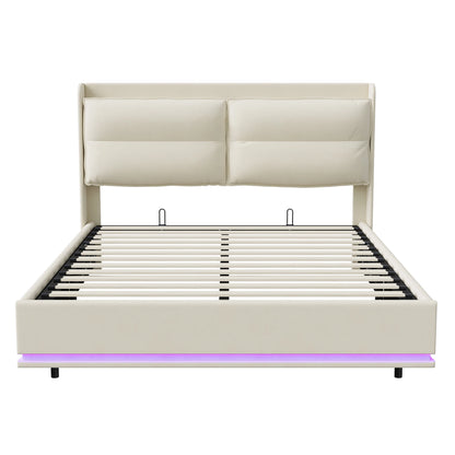 Creahappy – Weich gepolstertes Bett – Doppelbett – mit LED-Leuchten und USB-Ladefunktion – Stauraumbett mit Luftdruckstange