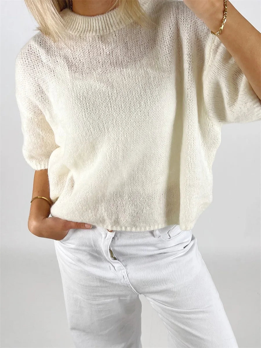 Damen Frühling Herbst Strickpullover Halbarm O Hals Einfarbig Lässige Strickwaren