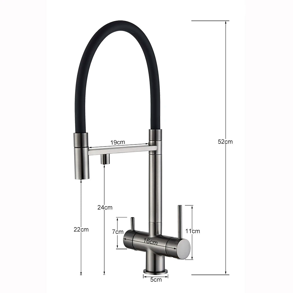 Gray Filtered Kitchen Faucet Dual Spout Hot Cold Mixer Purification Water Crane Filter Water Faucet Deck Mount