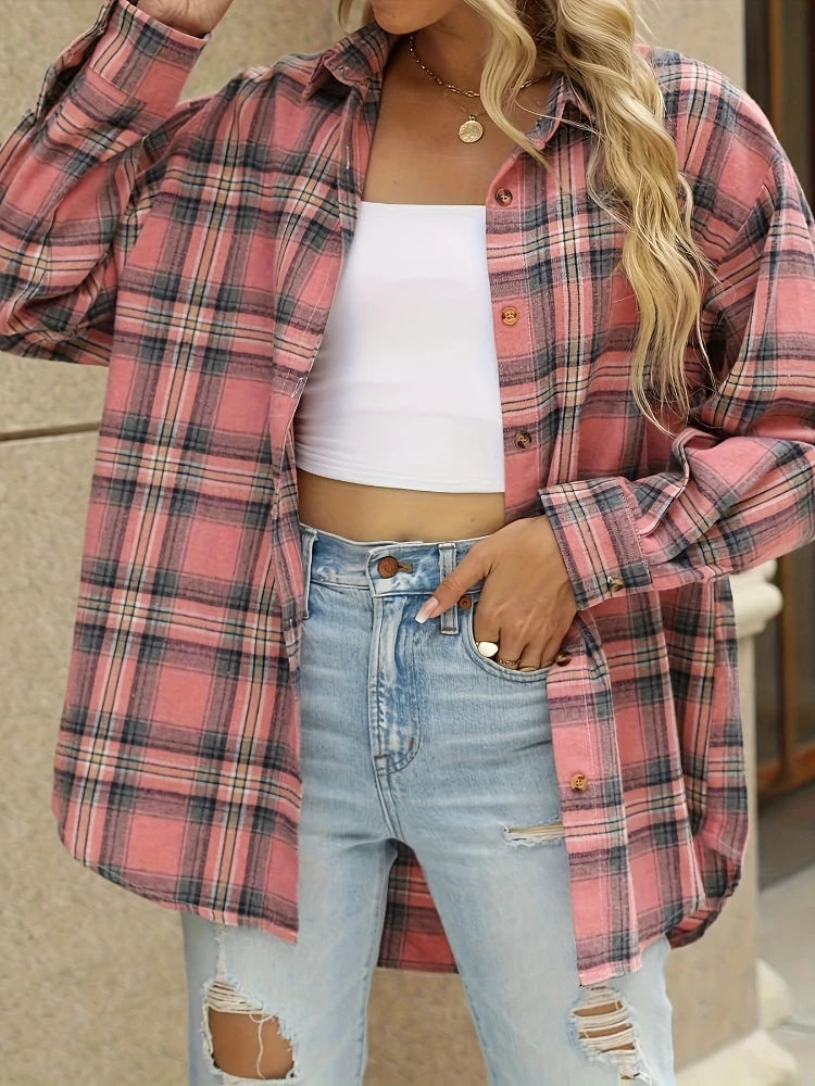 Plaid Shirt Women Autumn Long Sleeve Top Female Vintage Fashion Single Breasted Blouse Ladies Preppy Style Loose Check Shirts.