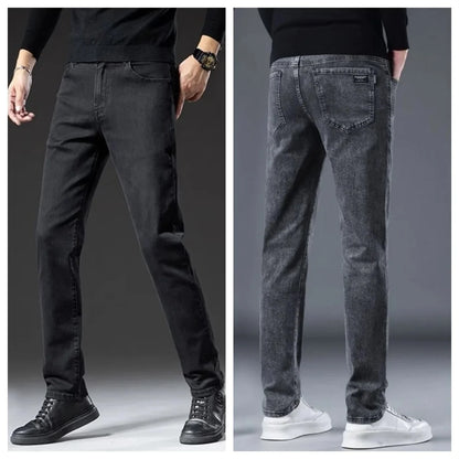 Men's Black Straight Leg Jeans Casual Elastic Business Pants High Waist Slim Fit Long Trousers New 2025 Gray Color