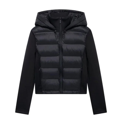 ZBZA Damenmode mit Kapuze, Neopren-Effekt, gespleißter, wattierter Jacke, hoher Kragen, lange Ärmel, verstellbare Kapuze, lässig, schmale Passform, warmer Mantel, Herbst/Winter, neue schicke Damen-Oberbekleidung