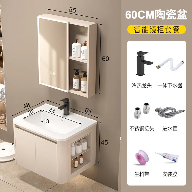 Space Badezimmerschrank aus Aluminium mit Wabenbogen und Seitenschrank, Waschbecken-Kombination, WC-Waschbecken, integrierte Keramik