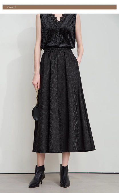 AMII 2025 Arrival Autumn Black A-line Women Skirt  Luxury Style Simple Elegant Elastic Waistband Offcial Lady Blouse 12523037.