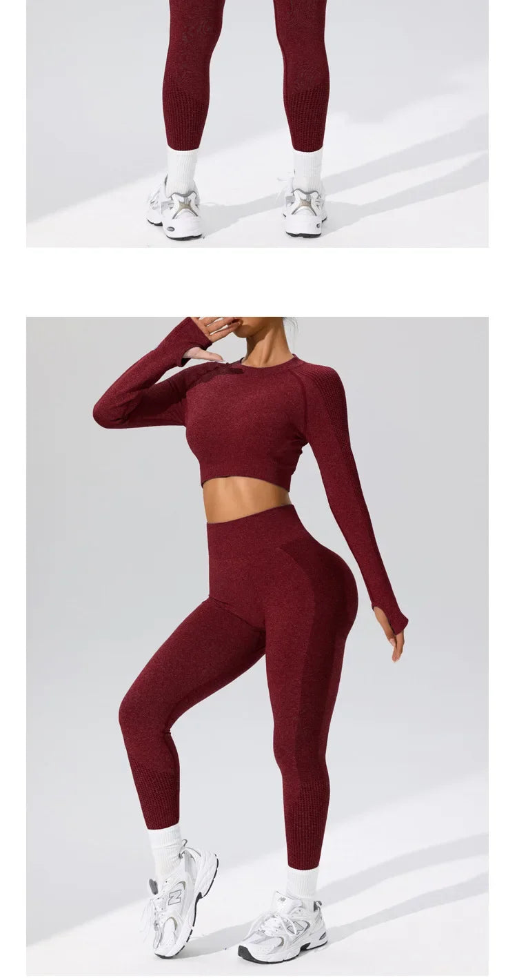 Autumn Winter Yoga Fitness Sportswear Long Sleeve Women's Top And Bottoms Quick Dry Set Finger Snap Gymnastics Outfit.