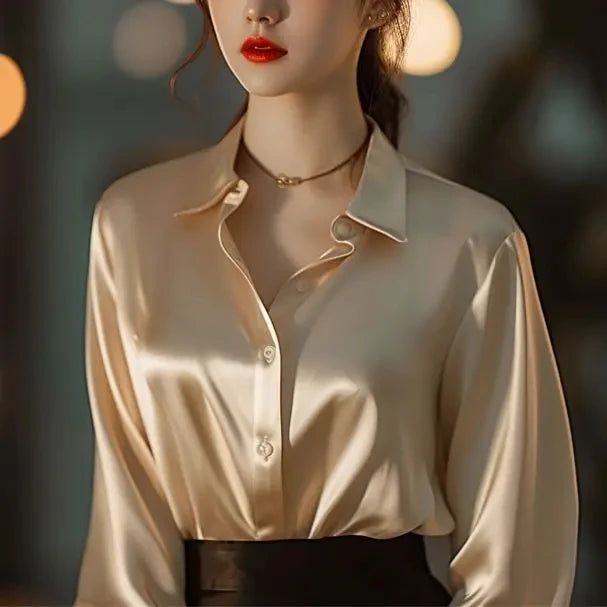 High Quality Silkly Satin Women's Shirt Office Ladies Long Sleeve Blouses Polo Neck Gold shirt Button Luxury Casual women tops.