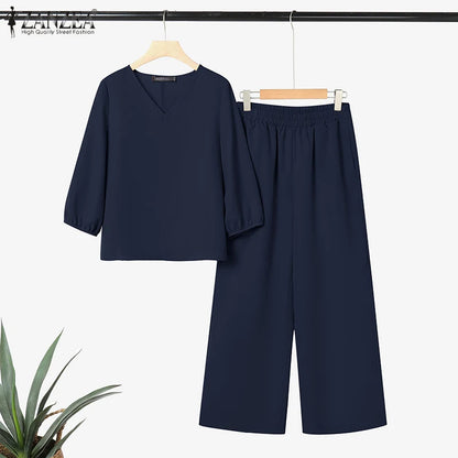 ZANZEA Autumn 2 Piece Sets Women Pant Sets Casual V Neck Long Sleeve Tops Pant Suit Elegant Solid Work Tracksuit Oversize 2025.
