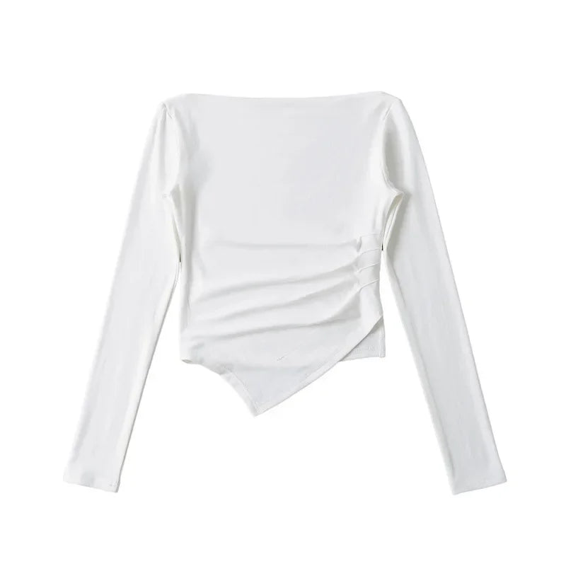 Slim Fit Long Sleeve T-Shirt Women's Shoulder Bared One-Shoulder Design Crease Asymmetrical Pure Desirable Spicy Girl Style.
