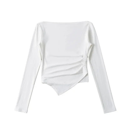 Slim Fit Long Sleeve T-Shirt Women's Shoulder Bared One-Shoulder Design Crease Asymmetrical Pure Desirable Spicy Girl Style.